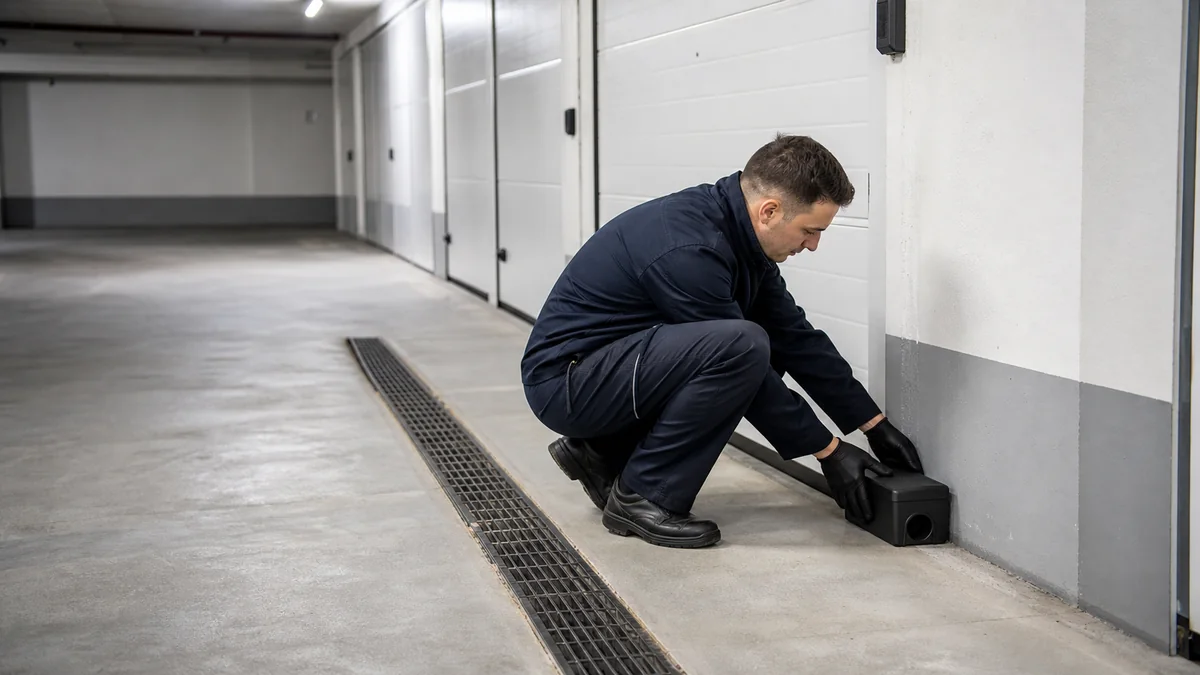 Técnico revisando una estación de control de roedores en el parking de una comunidad de vecinos